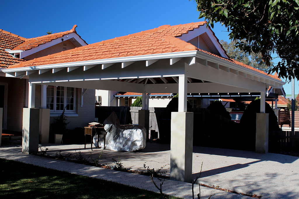 Double timber Carport with tiled Dutch gable roof Blue 